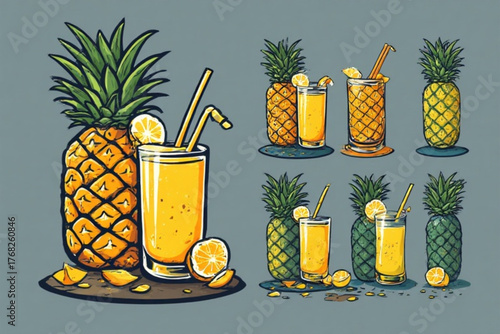 Illustration of pineapple and pineapple juice in glasses with straws, some garnished with lemon slices, arranged on a neutral background.