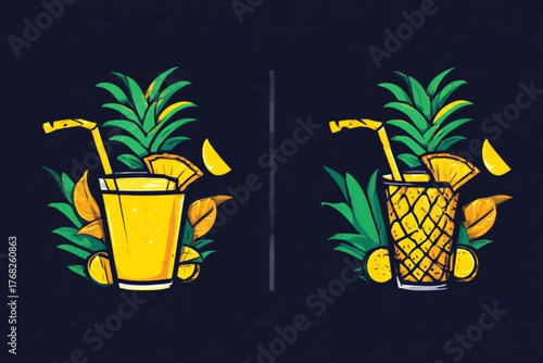 Two pineapple juice glasses with straws, pineapple slices, and leaves, presented in a stylized, graphic illustration.