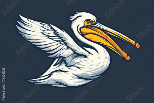 Stylized illustration of a white pelican with outstretched wings against a dark blue background.