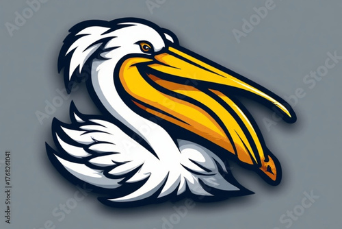 A stylized illustration of a pelican with detailed features, on a gray background.