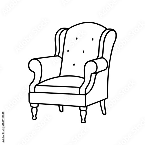 Outline drawing of a wingback armchair on transparent background silhouette