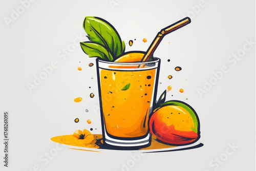 A refreshing glass of mango juice with a straw and a fresh mango beside it.