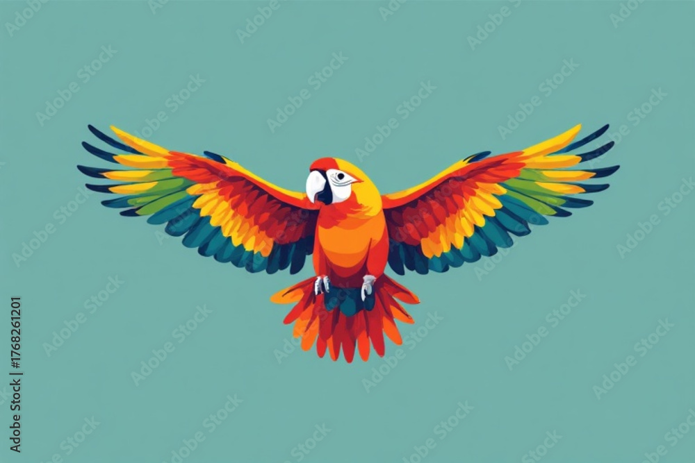 Fototapeta premium Colorful macaw parrot with wings spread wide, displayed against a teal background.