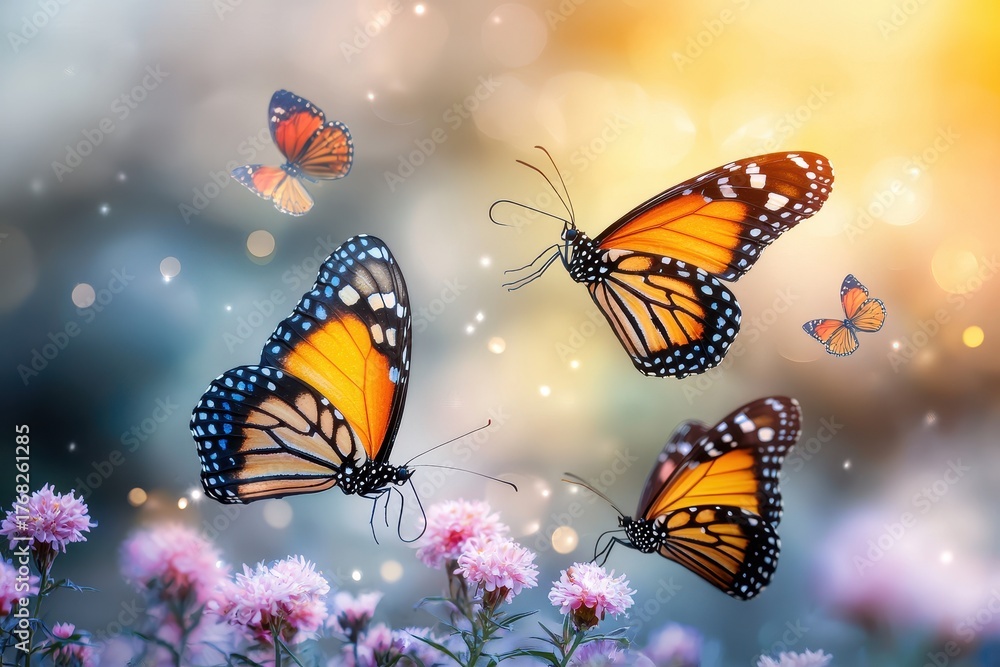 Fototapeta premium A vibrant scene featuring butterflies in various sizes fluttering around pink flowers, creating a magical atmosphere with a soft, blurred background.