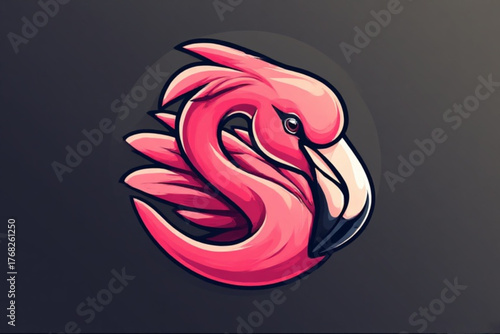 A stylized illustration of a pink flamingo with its neck curved into an S-shape, set against a dark gray background.