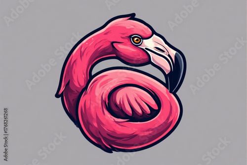 Stylized illustration of a pink flamingo with its neck curved into a circular shape, set against a gray background.