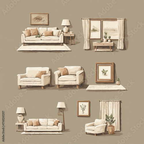 Illustration of various furniture arrangements for living rooms, featuring sofas, armchairs, lamps, rugs, and wall art in a neutral color palette.