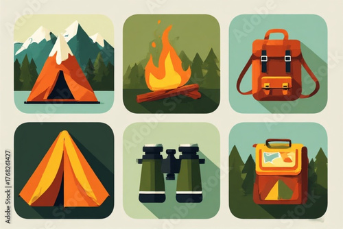 Illustrative set of camping icons featuring tents, a campfire, backpack, and binoculars, set in nature.