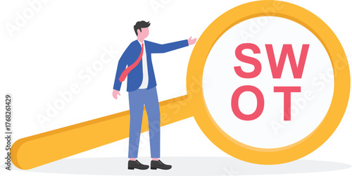 Businessman arrange the letter W among a row of letters to complete the word SWOT near a magnify glass, 
