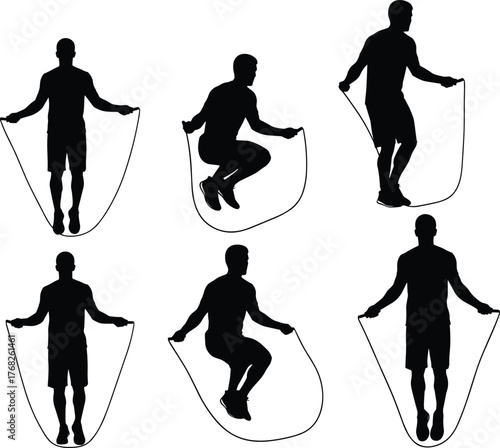 Jump rope silhouette, fitness exercise, cardio workout, athletic training, rope jumping motion, healthy lifestyle, gym activity, sport illustration, vector art