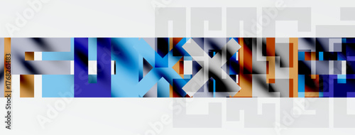 Abstract geometric shapes dominate image. Blues, oranges, whites create modern composition. Minimalist design evokes digital art aesthetic.