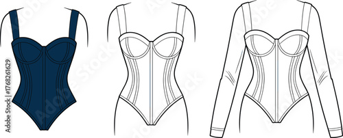Corset top design, fashion illustration, structured bodice, sweetheart neckline, technical drawing, apparel vector, garment mockup, fashion flat, sleeveless version, long sleeve variation,