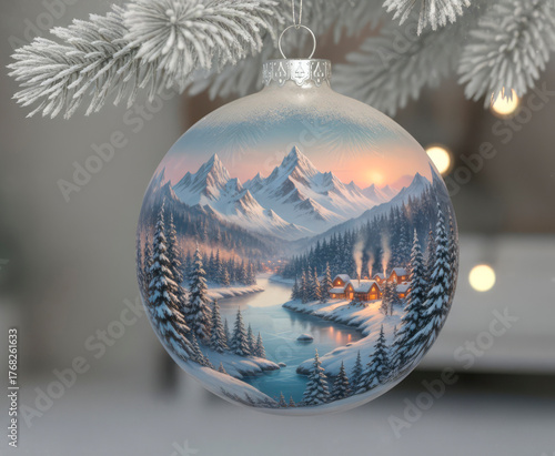 Artistic double exposure of a winter landscape inside a Christmas ornament, capturing holiday magic