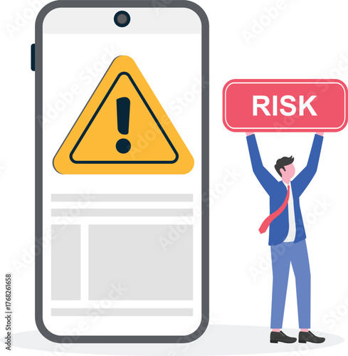 Businessman holding a board with the word RISK next to an exclamation or attention mark,

