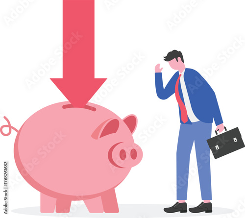 Businessman holding broken piggy bank next to money bag with downward arrow illustration of declining business investment valuation
