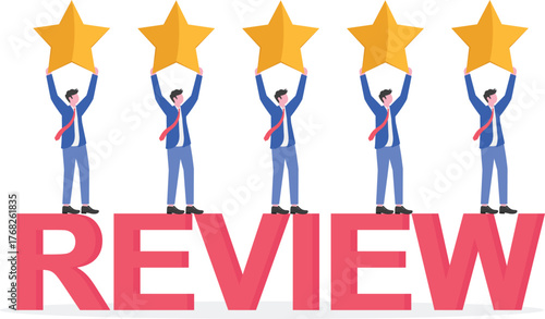 Businessman standing next to a machine labeled review with happy emoticon coming out illustration of receiving positive response and attention from the market
