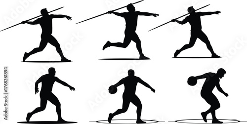 Javelin thrower silhouette, discus thrower silhouette, track and field athlete, sports motion pose, athletic action, throwing technique illustration