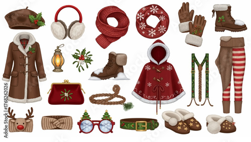 Holiday Clothing & Accessories Icon Set – Flat Color Style
