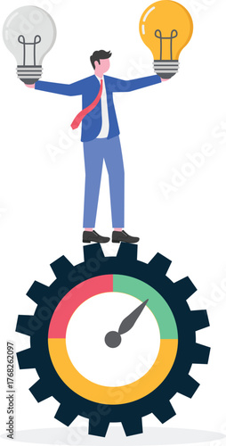Businessman emerging from performance level indicator holding lit lamp and unlit lamp illustrating confusion in determining the right business idea
