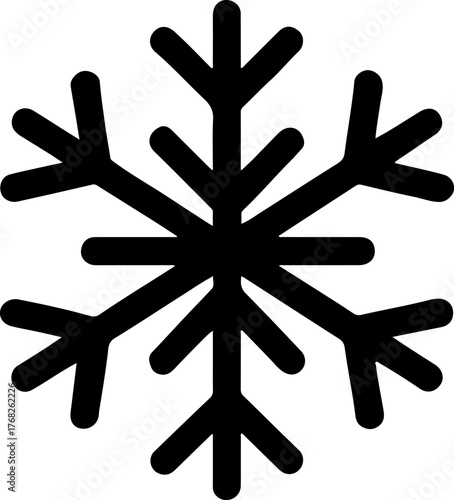 Simple black silhouette snowflake icon represents winter cold and frosty weather elements