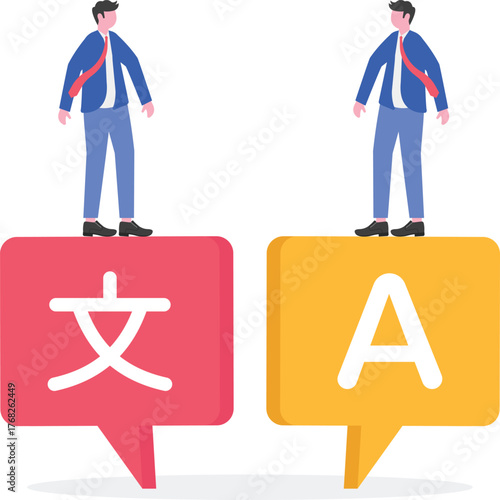 Businessman confused with chat dialog symbols in alphabet and Mandarin on both sides of his hands,
