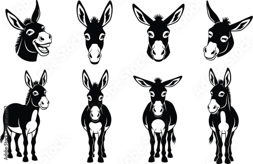Black and white donkey vector illustration set farm animals