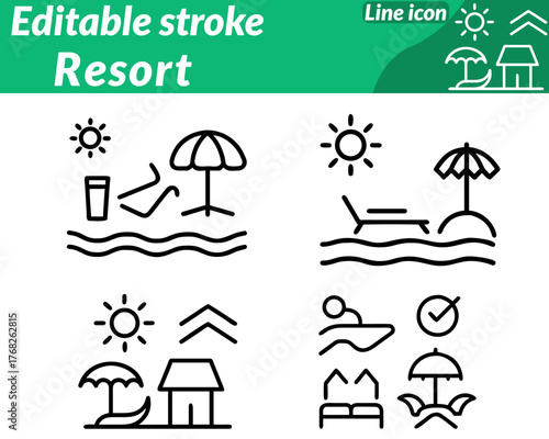 Resort set line icon. a beachfront hut symbolizing rest and recreation. Crafted in a clean flat or line-art vector style this icon perfectly suits travel hospitality holiday booking tourism promotion.
