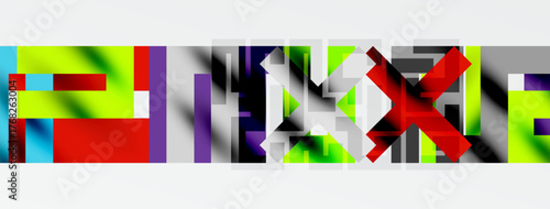 Abstract geometric shapes, vibrant colors, layered composition. Minimalist design, modern aesthetic, bold contrasts present.