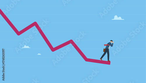 Businessman investor standing on falling down red graph look for bottom. Economic recession, stock market plunge or falling down, cryptocurrency crash or financial crisis from inflation.