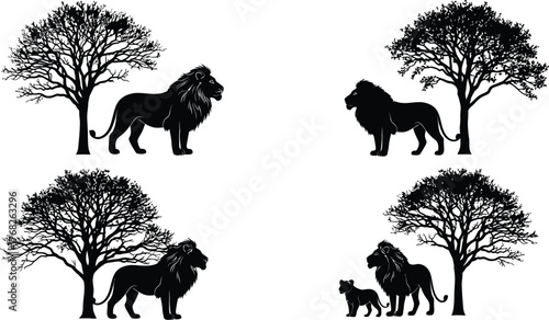 Lion silhouette vector art with trees for logo and backgrounds