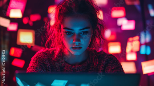 Person working on laptop immersed in vibrant, colorful ambient lighting in a creative workspace at night