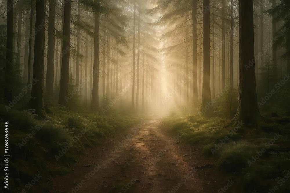 Naklejka premium A cinematic image of a forest path shrouded in morning mist with sunlight streaming through tall pine trees. The atmosphere feels mysterious yet peaceful, showcasing the natural beauty.