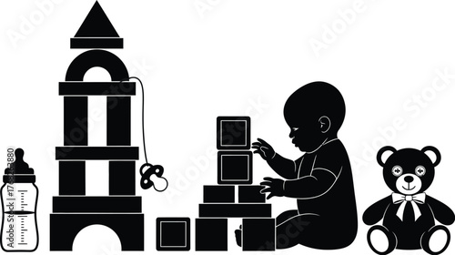 Baby playing with blocks toys bottle and teddy bear illustration