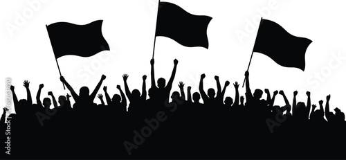 Crowd silhouette with flags, people cheering, unity celebration vector, protest rally scene, cad drawing flat vector illustration, public gathering art