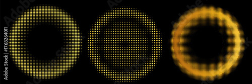 Gold Halftone round frame. Golden luxury Halftone circle logo. Dots emblem. Dotted texture border.