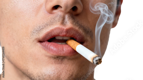 Close-up of a person smoking a cigarette with smoke rising.