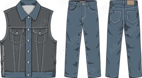 Denim vest and jeans illustration, front and back view, fashion sketch, garment design, clothing template, textile mockup, apparel layout