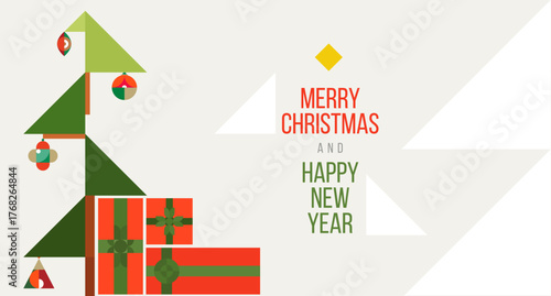 Holiday abstract background for happy new year or merry christmas in modern minimal style. Festive mosaic flat concept design for banner, card, poster, invitation. Bright vector illustration.