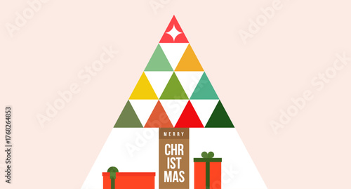 Holiday abstract background for happy new year or merry christmas in modern minimal style. Festive mosaic flat concept design for banner, card, poster, invitation. Bright vector illustration.