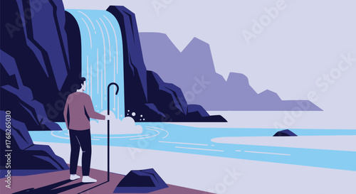 Illustration man waterfall nature scenic landscape adventure trip