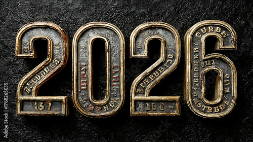 A close up shot of the year two thousand twenty six made of metal on a dark textured background