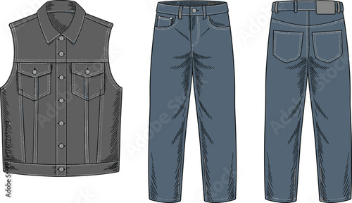 Denim vest and jeans, front and back view, fashion illustration, garment details, stitching design, casual wear, clothing comparison, blue outfit, flat style