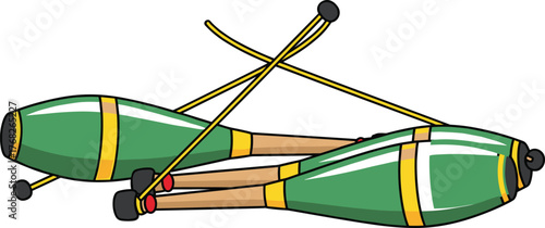 Colorful green and yellow juggling clubs with sticks, vector illustration for circus, performance, or entertainment concepts, playful cartoon style perfect for event design or kids activity themes