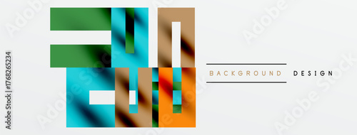 Abstract geometric shapes overlap, creating vibrant color blocks. Minimalist design with text elements indicating background usage.
