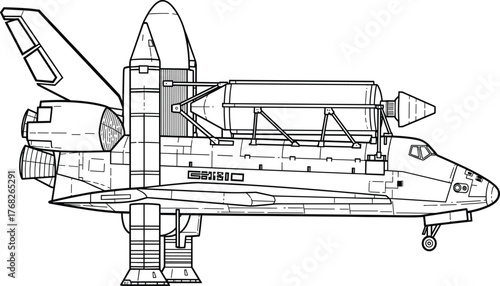 Detailed line art vector illustration of a space shuttle with external tank and boosters, clean outline design for science, education, or aerospace concepts, minimalist black and white technical style