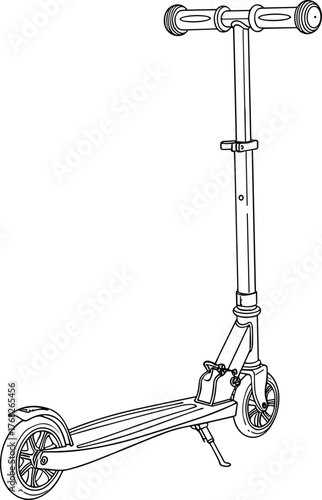 Minimalist line art vector illustration of a kick scooter with two wheels, clean outline design for transportation, urban mobility, or childhood activity concepts, simple modern style