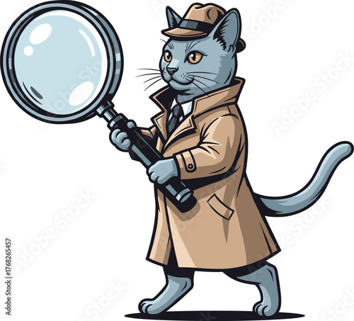 Detective cat illustration, cartoon animal in trench coat and fedora with magnifying glass, funny pet artwork, whimsical mystery design, vector crime background