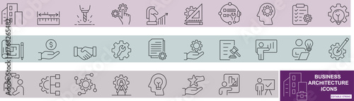  Business Architecture icon set featuring strategy, planning, governance, regulation, and innovation concepts. Editable line vector illustration for business structure and management design..
