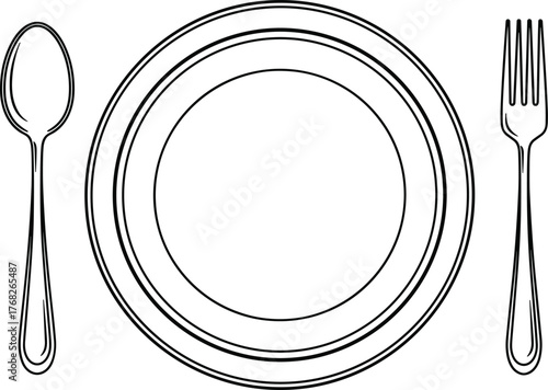 Minimalist line art vector illustration of a dinner plate with fork and spoon, clean outline design for dining, restaurant, or food service concepts, simple modern table setting style