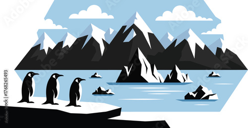 Penguin antarctica iceberg illustration arctic landscape scene